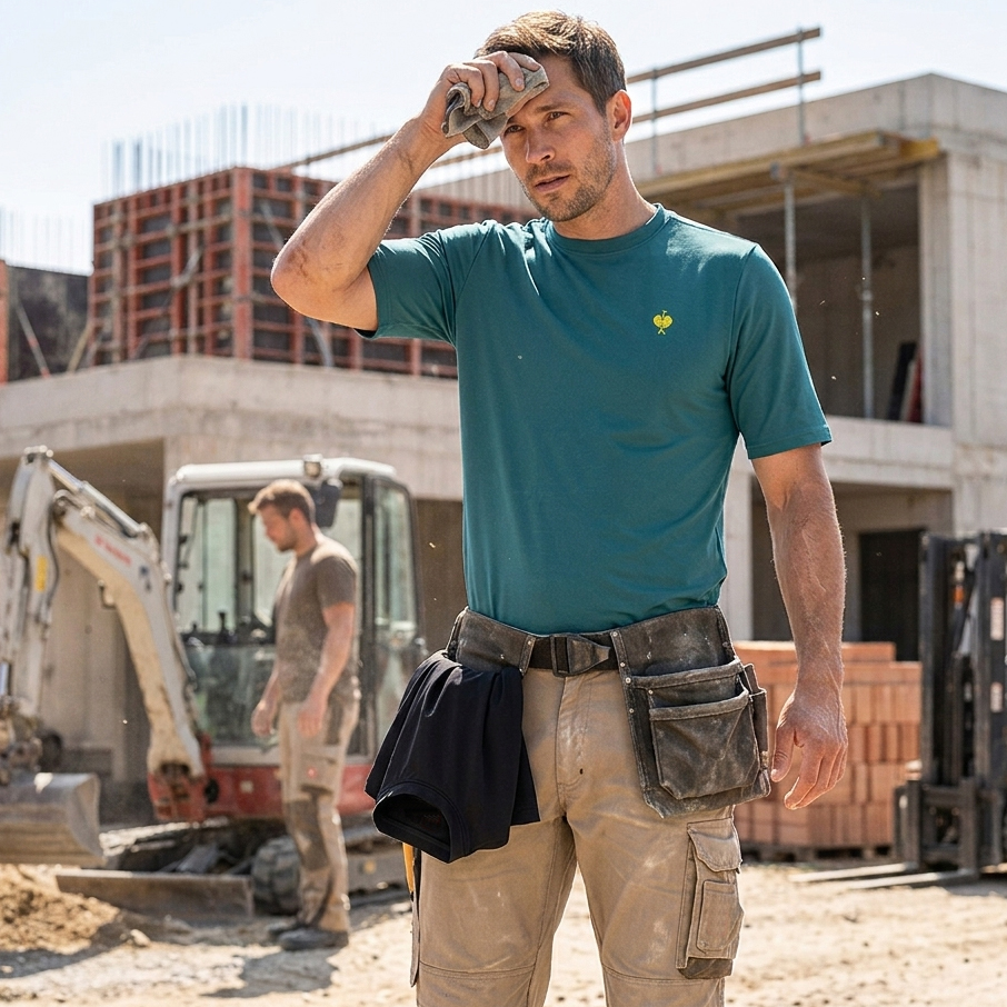 detail ENGELBERT STRAUSS grünes atmungsaktives funktionelles Herren-T-Shirt mit UV-Schu